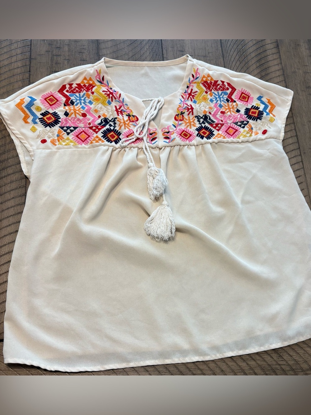 Embroidered Ivory Peasant Blouse with Tassel Tie